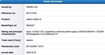 As várias novas certificações para o Realme Watch S. (Fonte: FCC, EEC, NCC, NEMKO via MySmartPrice)