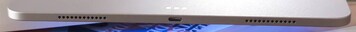 Direita: alto-falante, porta USB-C. Na parte superior da foto: porta de encaixe