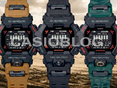 Na foto - o Casio G-Shock GDG-B100-1 (totalmente preto), GDG-B100-1A3 (preto com pulseira camuflada verde) e GDG-B100-1A5 (preto com pulseira de areia).