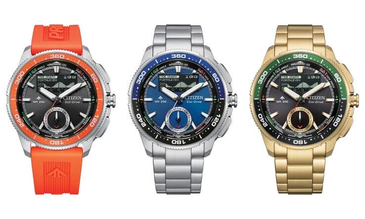 Da esquerda para a direita: os relógios Citizen Promaster WaveTracker JV3000-13E, JV3006-50L e JV3002-51E