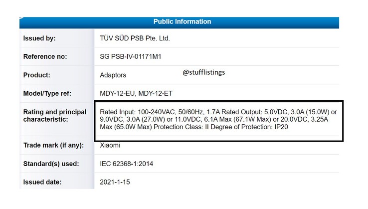 A nova certificação do novo tijolo Xiaomi power brick. (Fonte: Twitter)