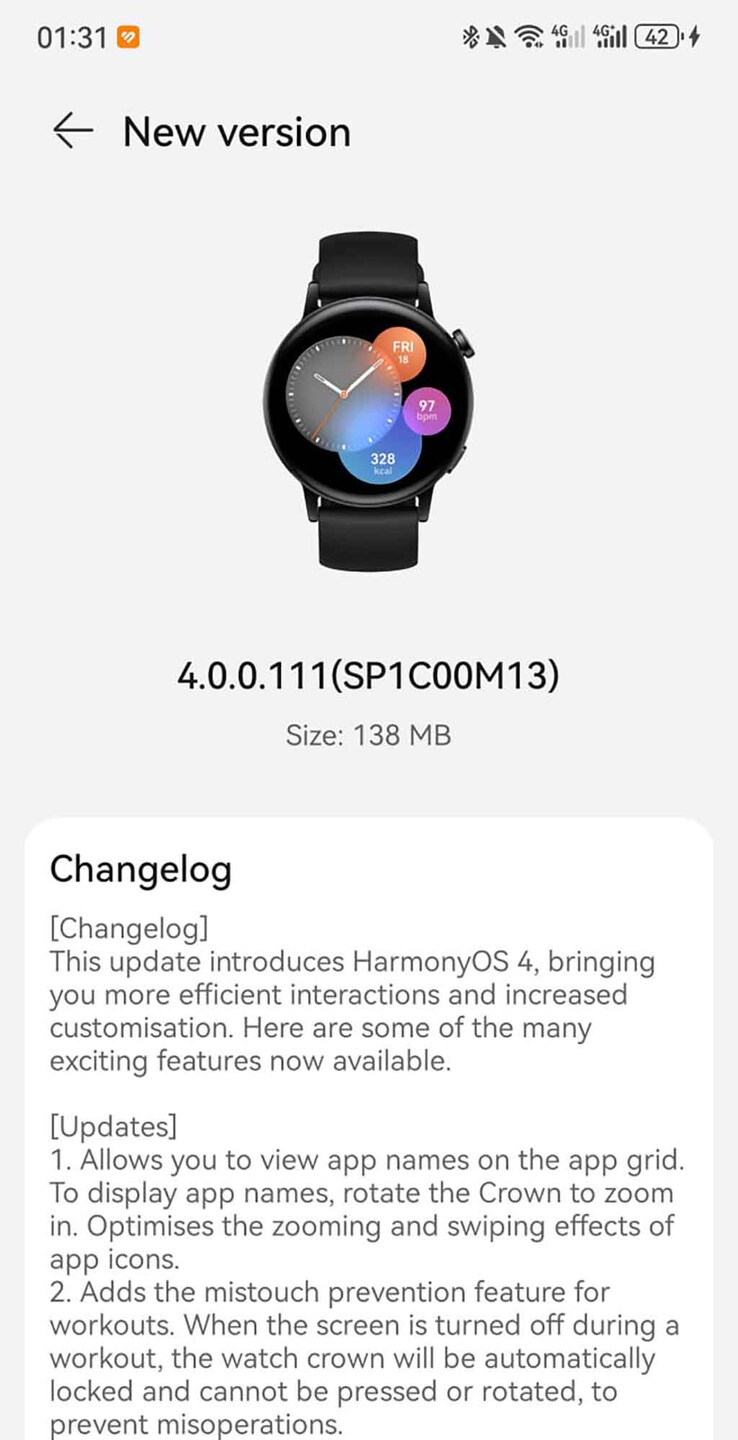 Uma captura de tela da versão de atualização 4.0.0.111 (SP1C00M13) para o Huawei Watch GT 3. (Fonte da imagem: Huawei Central)