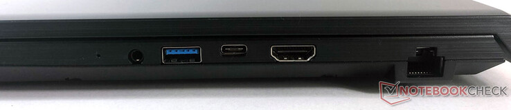 Direita: 1x rede (RJ45), 1x HDMI, 1x USB 3.2 Gen 1 Tipo-C, 1x USB 3.2 Gen 1 Tipo-A, 1x áudio combinado
