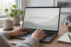 Mãos no teclado de um laptop, um controle deslizante na extremidade esquerda da tela