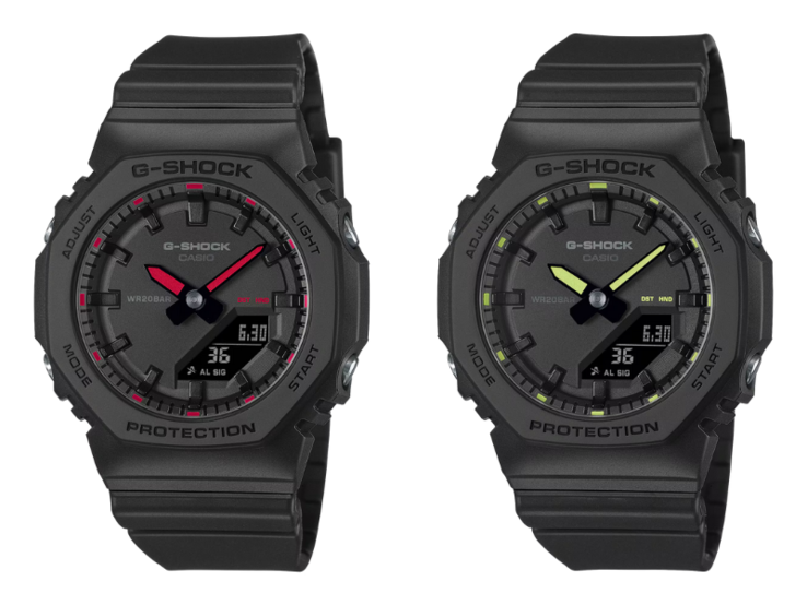 Os relógios Casio G-Shock GMA-P2100SA-1A1 (esquerda) e GMA-P2100SA-1A2 (direita). (Fonte da imagem: Casio)
