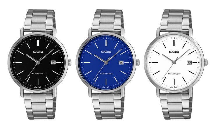 Da esquerda para a direita: os relógios Casio MTP-VT05D-1E, MTP-VT05D-2E e MTP-VT05D-7E