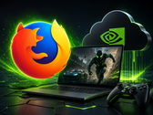 Notebook para jogos com um jogo exibido na tela, logotipos das marcas GeForce Now e Firefox acima