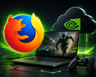 Notebook para jogos com um jogo exibido na tela, logotipos das marcas GeForce Now e Firefox acima