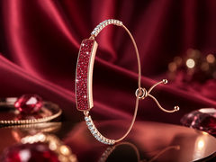 O bracelete Inllie Luna Light em acabamento dourado com detalhes em moissanite vermelho