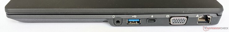 Lado direito: conector de áudio de 3,5 mm, uma porta USB-A 3.2 Gen 1, slot de segurança Kensington, saída VGA, porta Ethernet gigabit