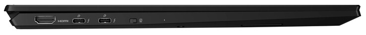 Lado esquerdo: HDMI, 2x Thunderbolt 4 (USB-C; Power Delivery, Displayport), interruptor da webcam