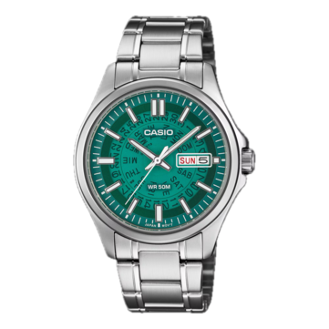 Casio /MTP-E740-3AV com um mostrador translúcido em tom de azul-petróleo brilhante.