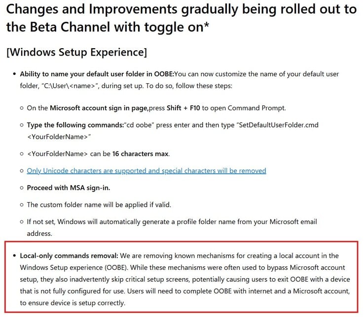 A restrição recém-adicionada na versão beta do Windows 11 (Fonte da imagem: Microsoft)