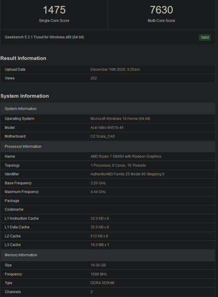 Ryzen 7 5800H pontuação (Imagem Sopurce: Geekbench)