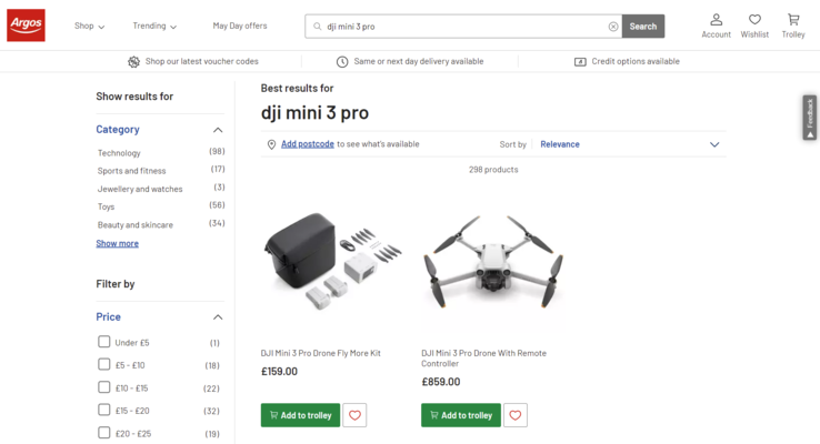 O Mini 3 Pro e o Kit Fly More estarão disponíveis por um total de £1.018. (Fonte da imagem: Argos)
