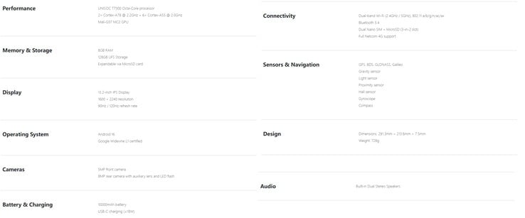 Especificações completas do tablet