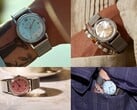Relógios Timex x Todd Snyder Marlin Mesh com mostradores prateados, azul-água e salmão com efeito sunburst, exibidos no pulso e fora dele.