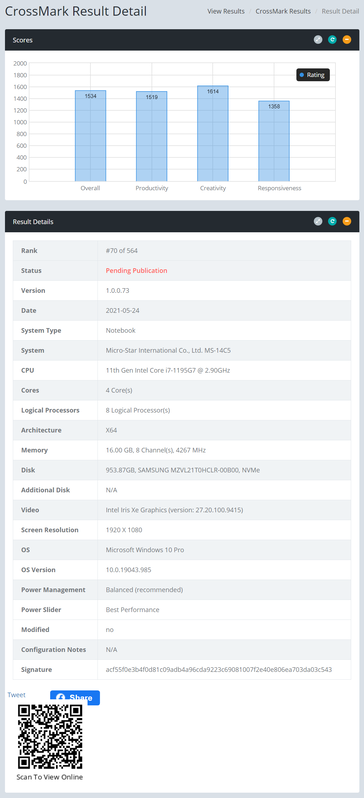 Desempenho Intel Core i7-1195G7 CrossMark em um laptop MSI 14C5 inédito. (Fonte: BAPCo)