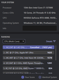 resultados de vários núcleos da CPU i7-13700K
