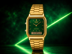 O relógio Casio AQ-230GA-3AMQY apresenta um design em tom dourado