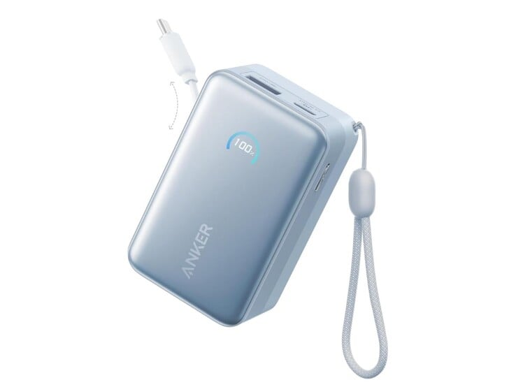 O Anker Nano Power Bank (10K, 45W, cabo USB-C retrátil integrado) em azul
