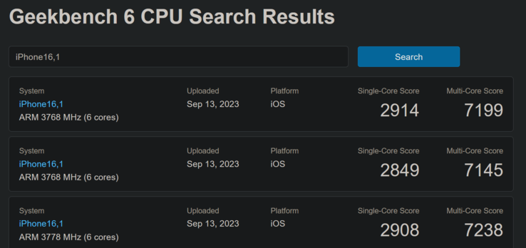 Apple Listagens do Geekbench do A17 Pro (imagem via Geekbench)