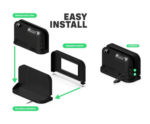 O BattleDock da Retro Fighter funciona com o dock oficial do Nintendo Switch 2. (Fonte da imagem: Retro Fighters/Kickstarter)
