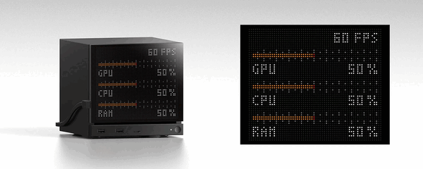 O painel frontal Jsaux Pixel Matrix se conecta via USB-C e exibe dados em tempo real.
