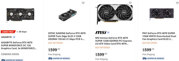 Preço de listagem da RTX 4070 Super na Newegg (Fonte da imagem: Newegg via: VideoCardz)