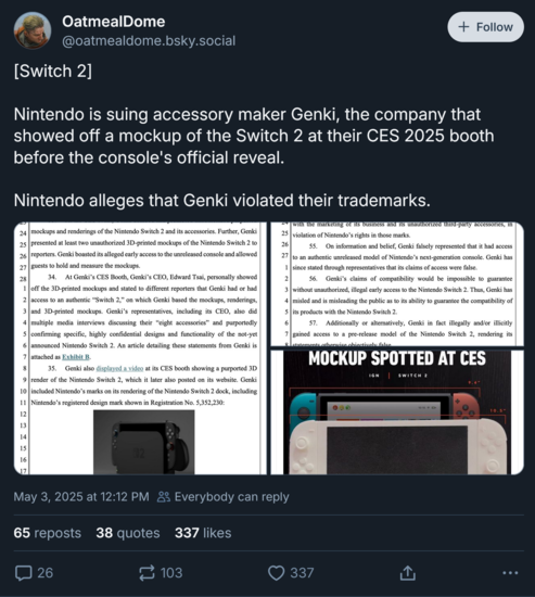 Postagem do Bluesky sobre o processo da Nintendo Genki (Fonte da imagem: conta Blusky do OatmealDome)