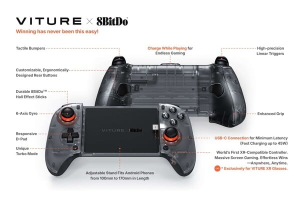 O Viture x 8BitDo Ultimate Mobile Gaming Controller tem uma porta USB-C na parte superior para carregamento de passagem. (Fonte da imagem: Viture)