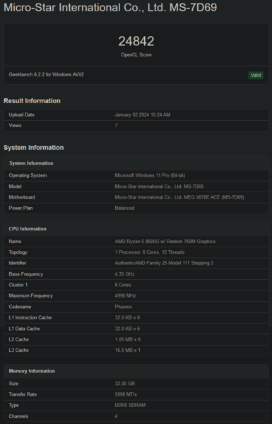 Pontuação do AMD Ryzen 5 8600G no Geekbench (imagem via Geekbench)