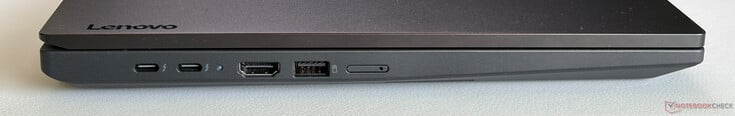 Esquerda: 2x USB-C 4.0 com Thunderbolt 4 (40 Gbps, DisplayPort 1.4a, Power Delivery), HDMI 2.1, USB-A 3.2 Gen. 1 (5 Gbps, Always-On), Nano-SIM