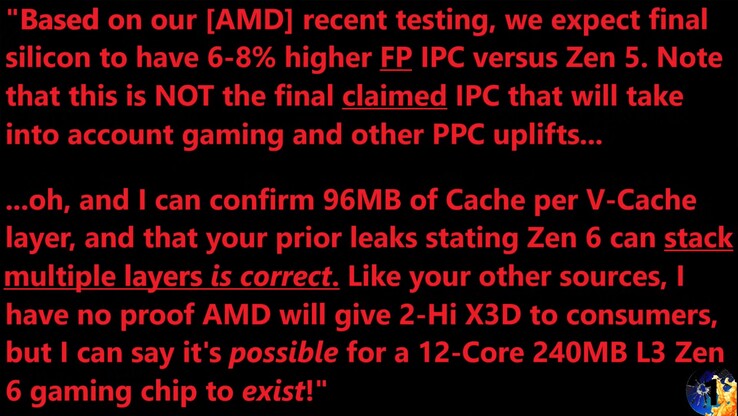Vazamento do IPC do AMD Zen 6. (Fonte da imagem: Moore's Law Is Dead no YouTube)