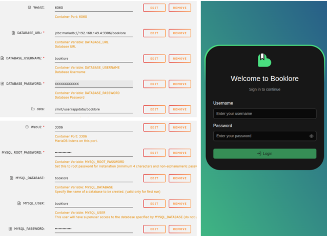 Acima, à esquerda: Configuração da Unraid para Booklore. Parte inferior esquerda: Configuração de Unraid para MariaDB. À direita: A página de login do Booklore (Fonte da imagem: Notebookcheck)