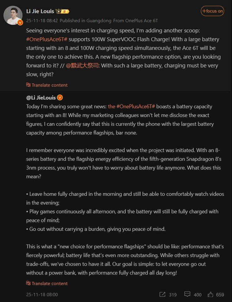 Li Jie Louis fala sobre a bateria e a velocidade de carregamento do OnePlus Ace 6T (Fonte da imagem: Weibo - tradução automática)