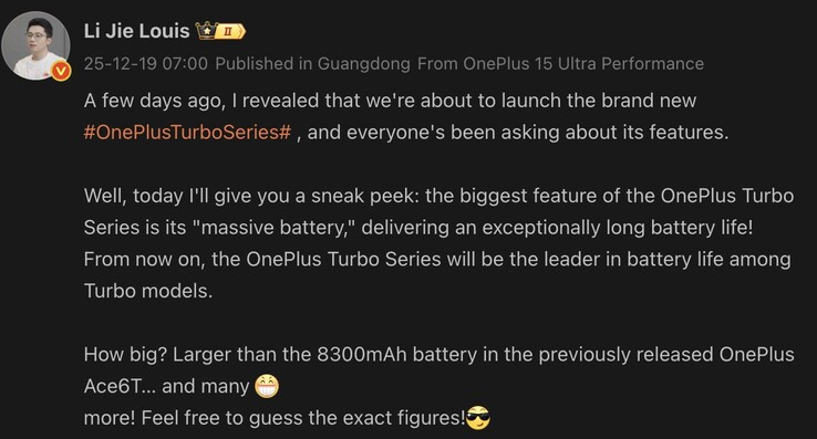 OnePlus confirma que a série Turbo ultrapassará a bateria de 8.300mAh. (Fonte da imagem: Weibo - tradução automática)