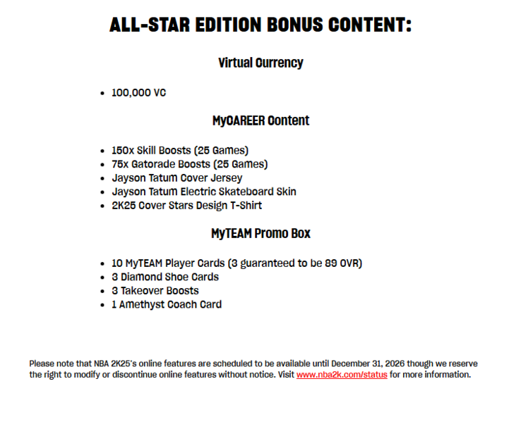 Uma captura de tela da loja oficial do NBA 2K. Um aviso na parte inferior informa que a EA se reserva o direito de modificar ou descontinuar recursos online sem aviso prévio.