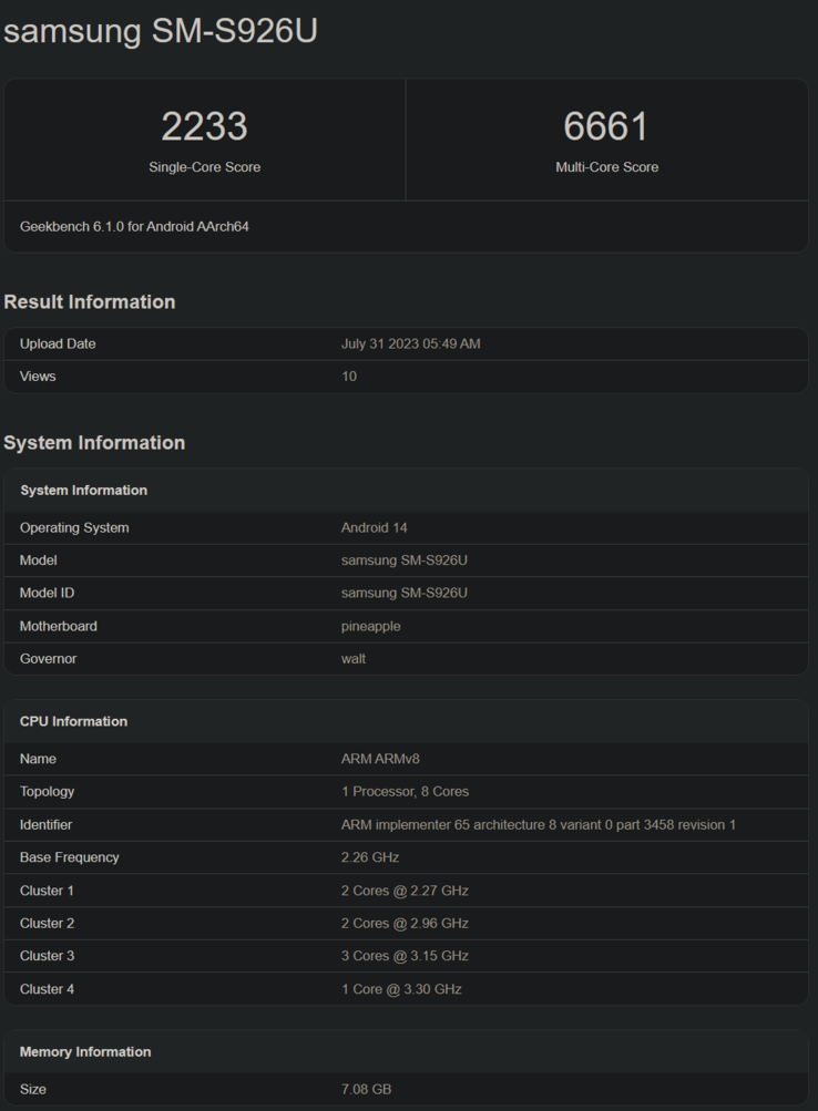 Listagem do Geekbench do Qualcomm Snapdragon 8 Gen 3 com o Samsung Galaxy S24+ (imagem via Geekbench)