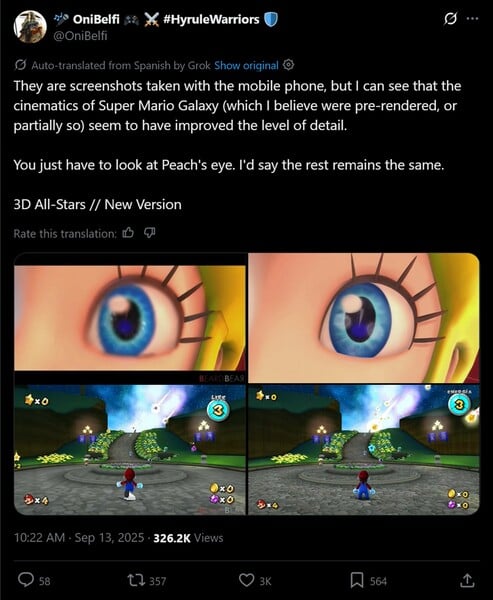 Comparação entre Super Mario Galaxy e a versão 2020 para Switch (Fonte da imagem: captura de tela, conta OniBelfi X)