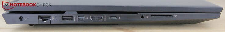 Esquerda: adaptador AC, LAN, USB-A 3.0 (HP Sleep and Charge), miniDP, HDMI, USB-C 4 com Thunderbolt 4, fone de ouvido, leitor de cartão SD