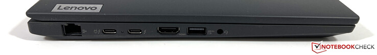 Esquerda: Gigabit Ethernet, 2x USB-C 4.0 com Thunderbolt 4 (40 Gbit/s, modo DisplayPort ALT 1.4, Power Delivery 3.0), HDMI 2.1, USB-A 3.2 Gen.1 (5 Gbit/s, Powered), porta estéreo de 3.5-mm