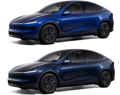 O Model Y na nova cor Marine Blue versus Deep Blue Metallic (topo). (Fonte da imagem: Tesla)