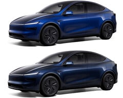 O Model Y na nova cor Marine Blue versus Deep Blue Metallic (topo). (Fonte da imagem: Tesla)