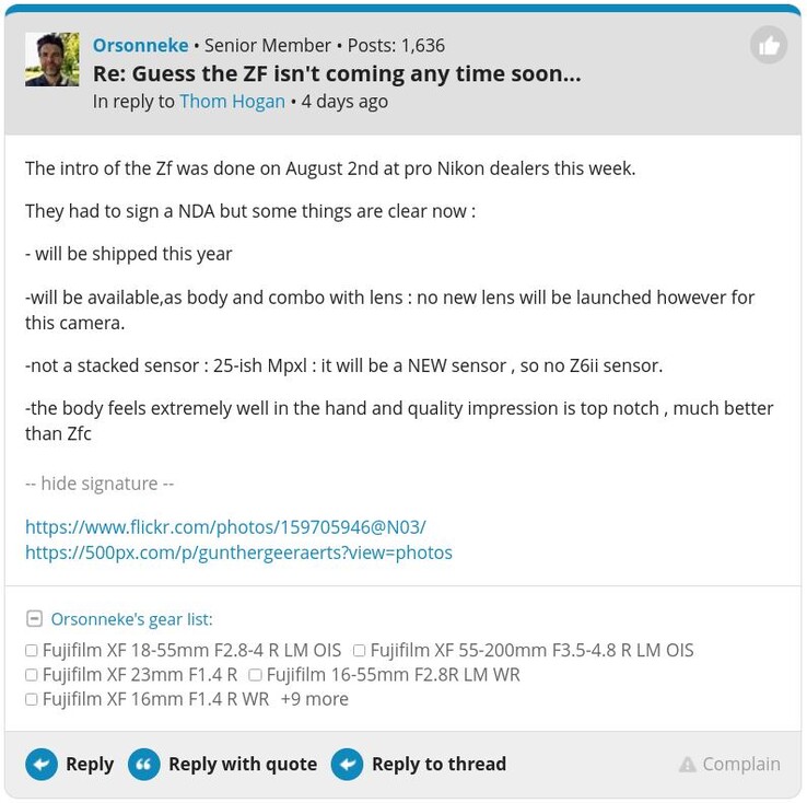 Uma captura de tela da suposta confirmação da Nikon Zf no fórum DPReview. (Fonte da imagem: DPReview)