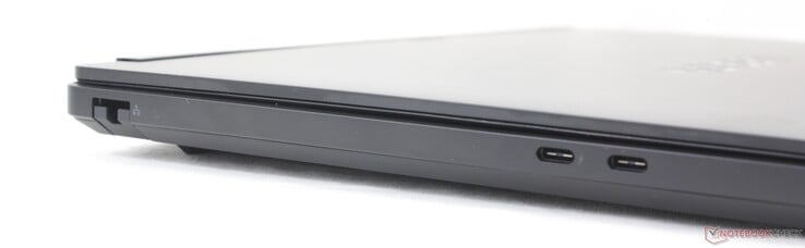À esquerda: RJ-45 (1 Gbps), USB-C Thunderbolt 4 com DisplayPort 2.1 + Power Delivery, USB-C com DisplayPort 2.1 + Power Delivery (10 Gbps)