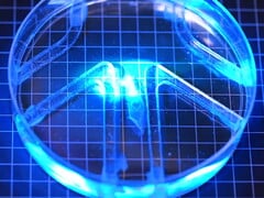 O robô biohíbrido é iluminado com luz