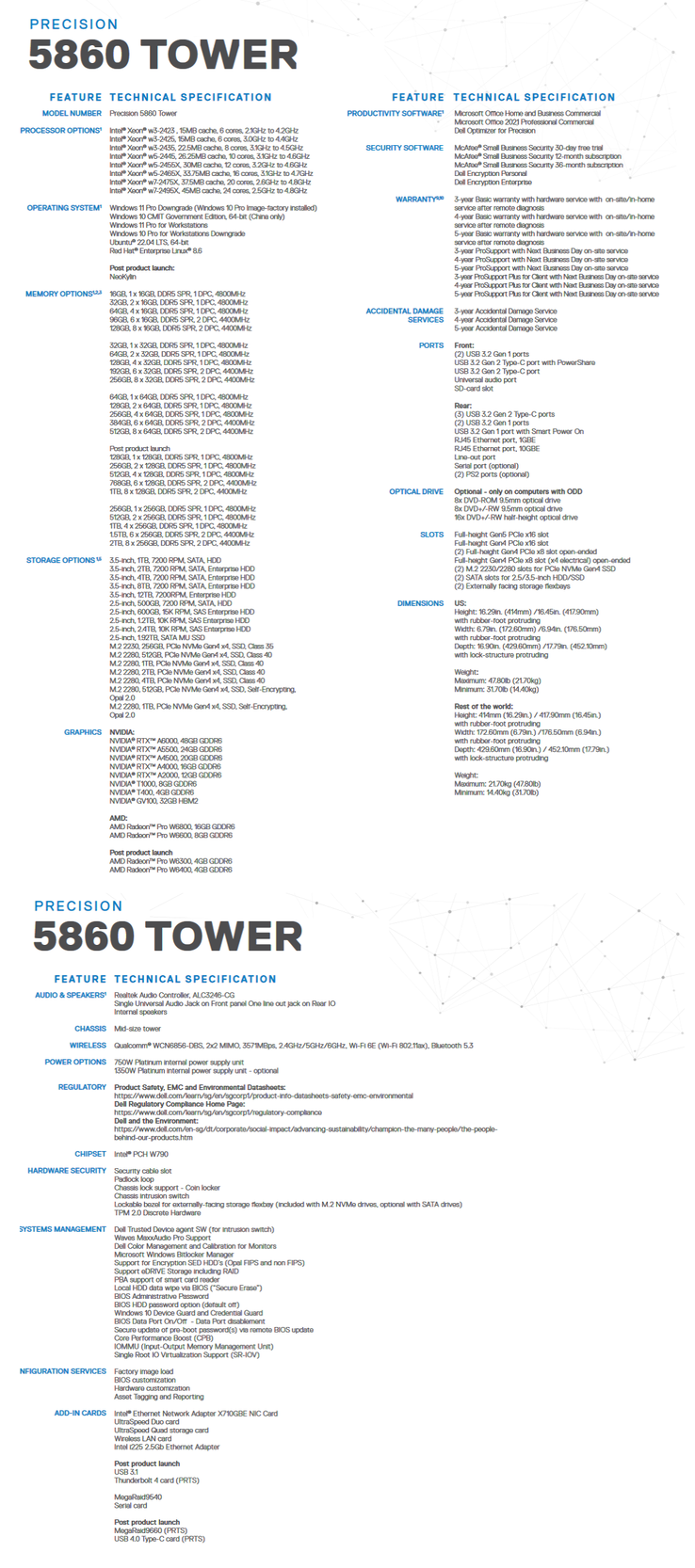 Dell Precision 5860 Especificações da torre