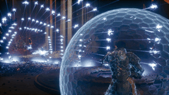 Arjun Devraj usa o Escudo Soltari contra uma onda de projéteis em Carcosa.