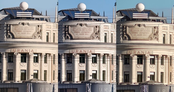 comparação de corte com zoom de 20x: Esquerda: Oppo com lente externa. Meio: Vivo sem lente externa. À direita: Oppo sem lente externa.